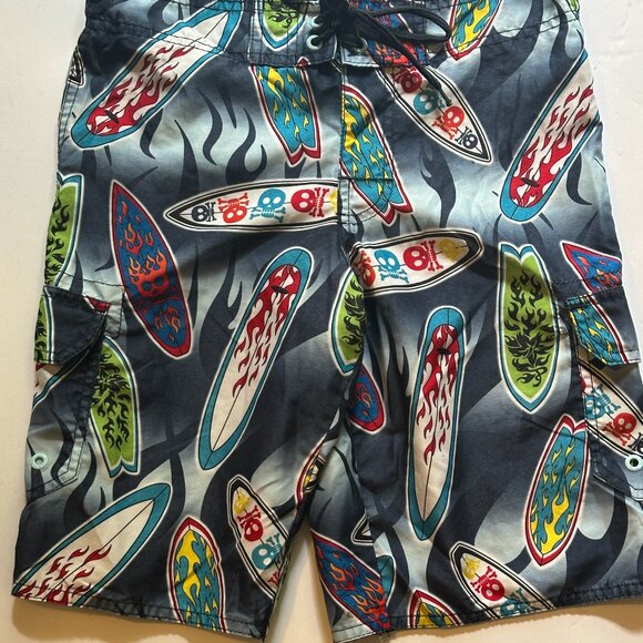 Hang Ten Small Youth Surfboard Skull Teen Boys Swim trunks shorts Navy Black - Picture 10 of 12